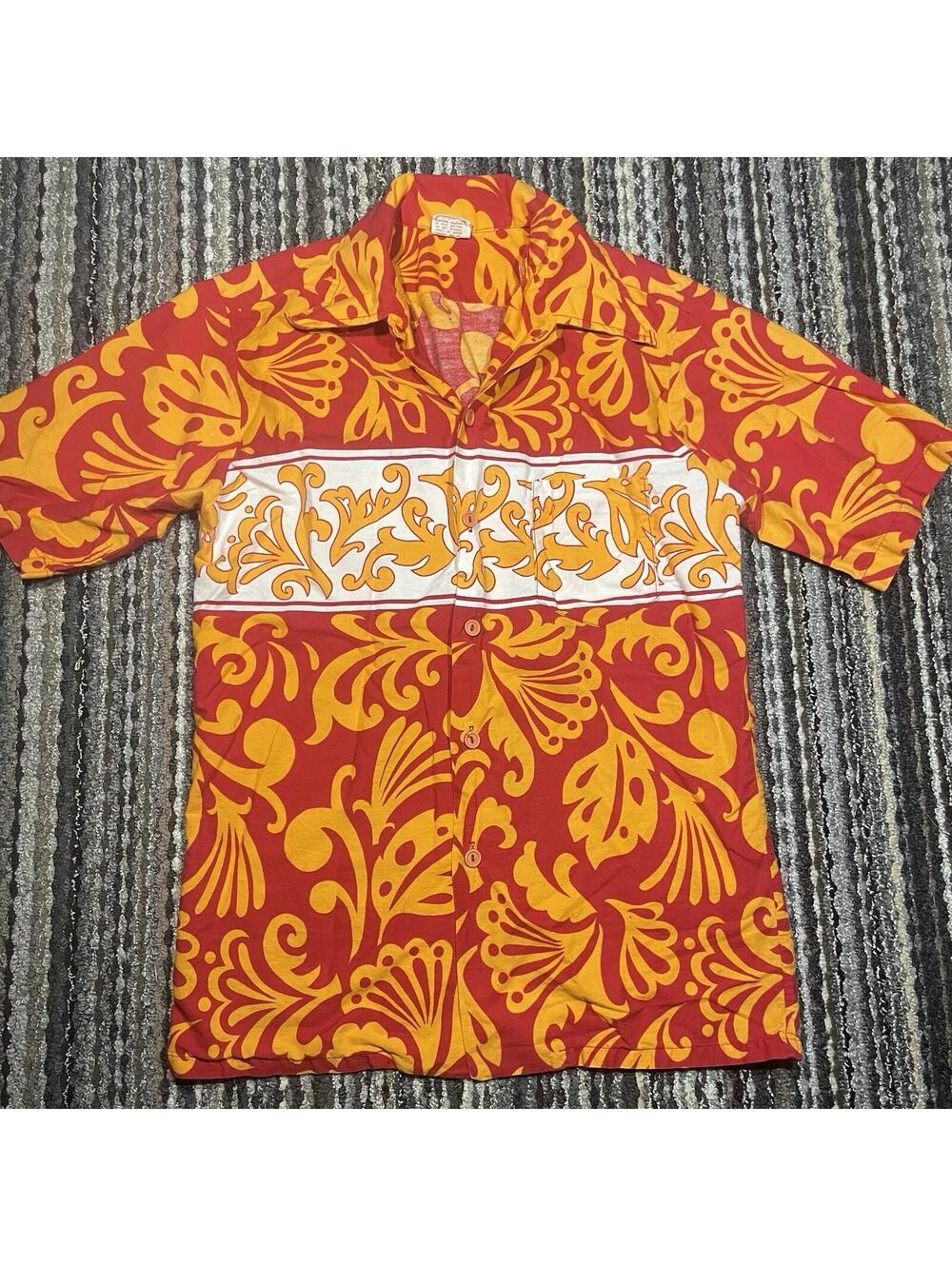 VINTAGE 70s Barefoot Paradise Shirt Mens Sz S Hawaiian Tiki Red Orange Palm Leaf